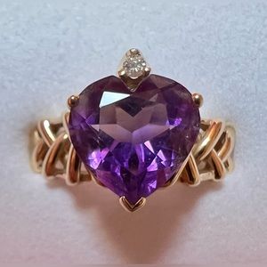 ***SOLD*** Amethyst Ring 14k Gold Diamond Heart Shaped Natural Gemstone Vintage